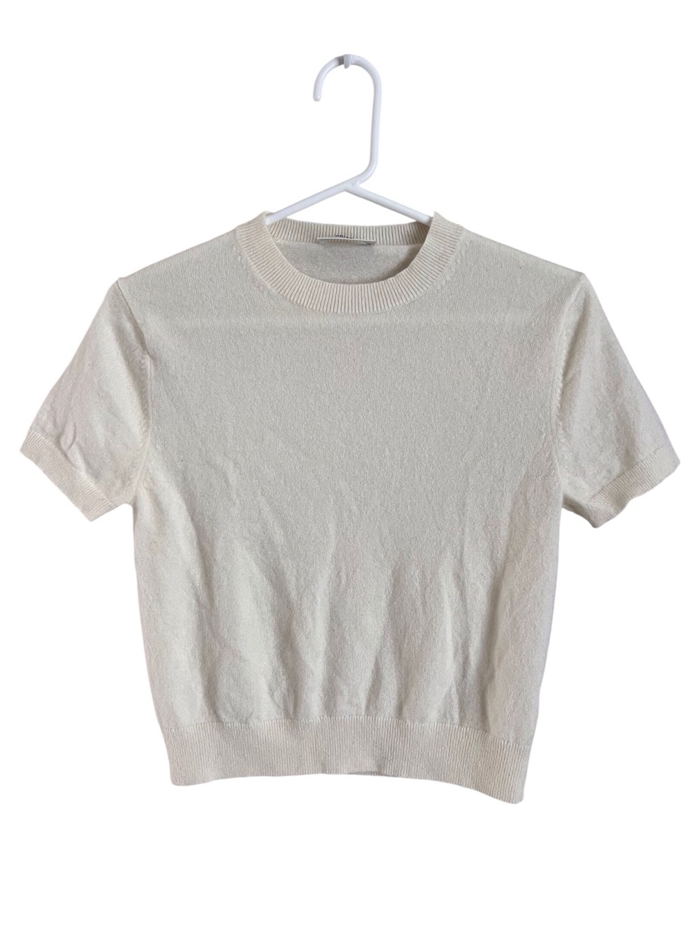 Aritzia Cashmere Short Sleeve Sweater Crop Neutral Cream White Normcore Womens 6